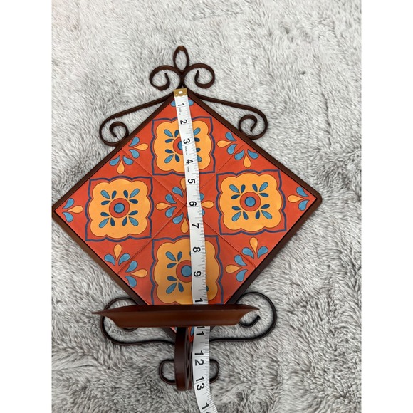 PartyLite Talavera Style Tile Wall Candle Sconce Metal Scrollwork Orange Blue - Picture 6 of 6